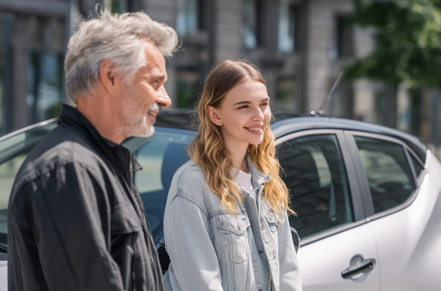Driving instructor and student standing next to a car before a driving lesson on a city street.