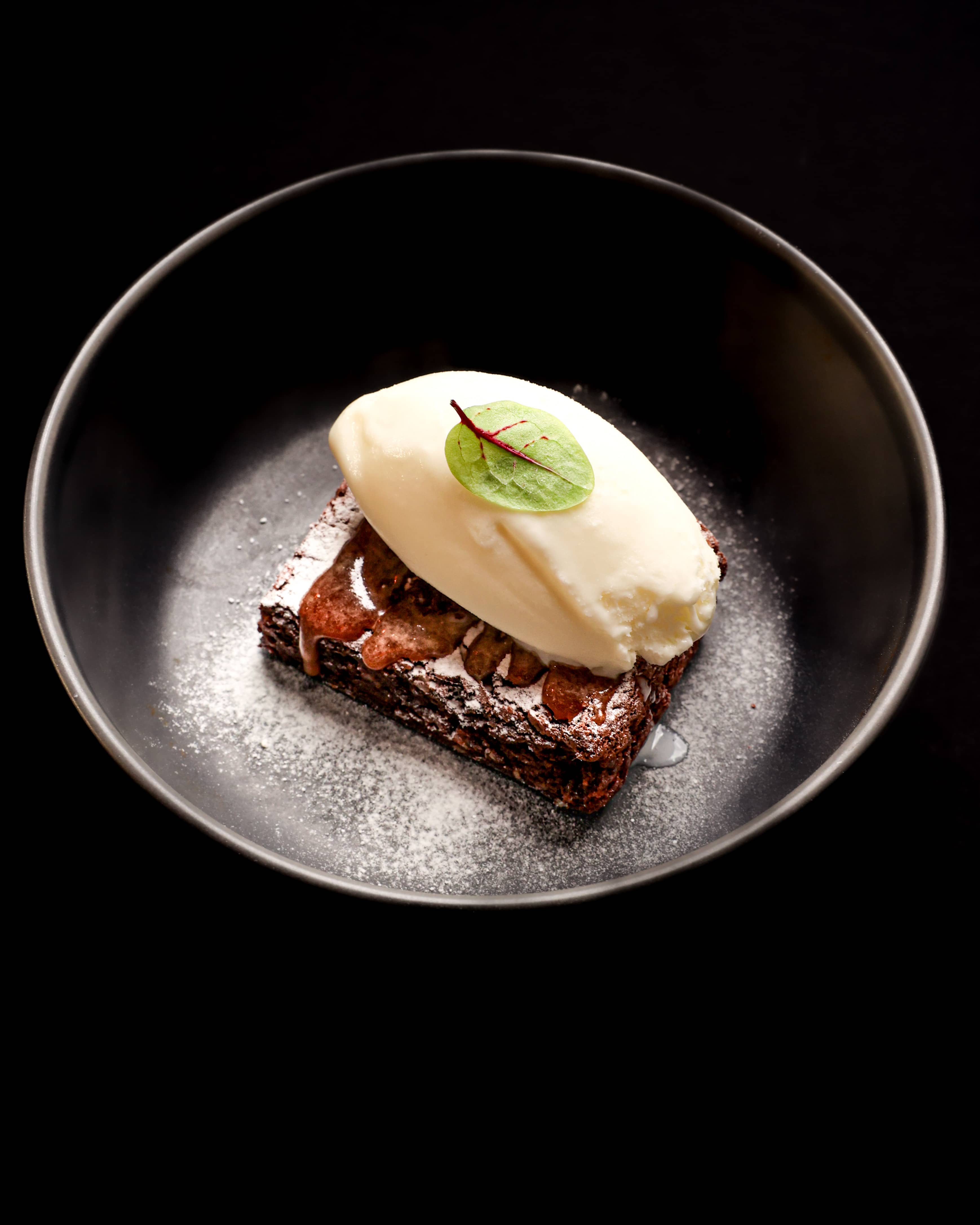 Hazelnut and Salted Caramel Brownie with Yogurt Ice Cream