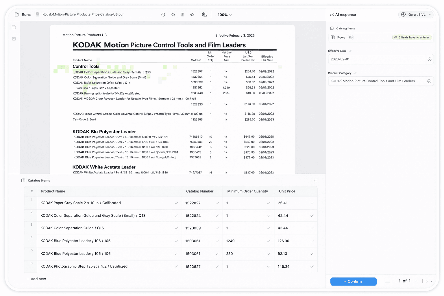 Validate extracted PDF table in a human-in-the-loop interface. 