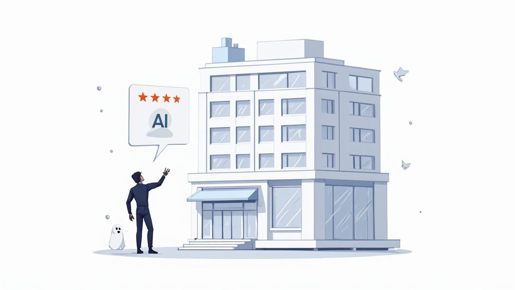 A hotel manager looking concerned while reading a negative review on a tablet.