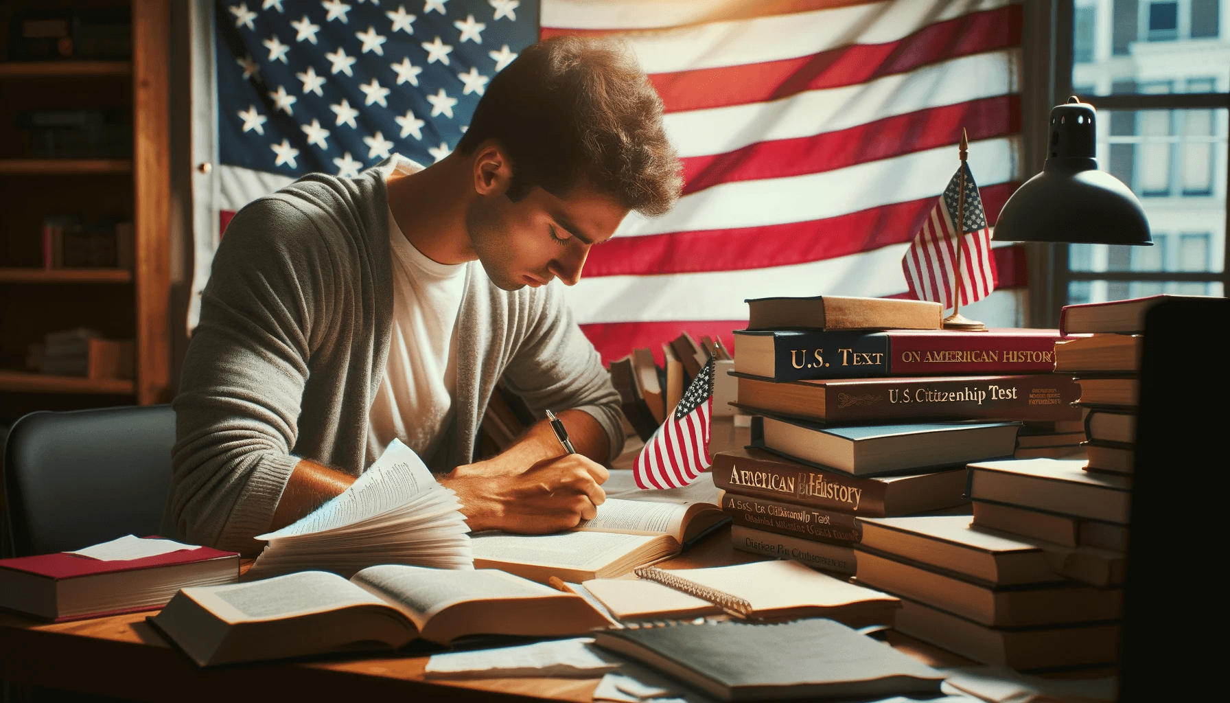 Individual diligently preparing for the U.S. citizenship test, surrounded by books on American history and civics, with the U.S. flag in the backdrop.
