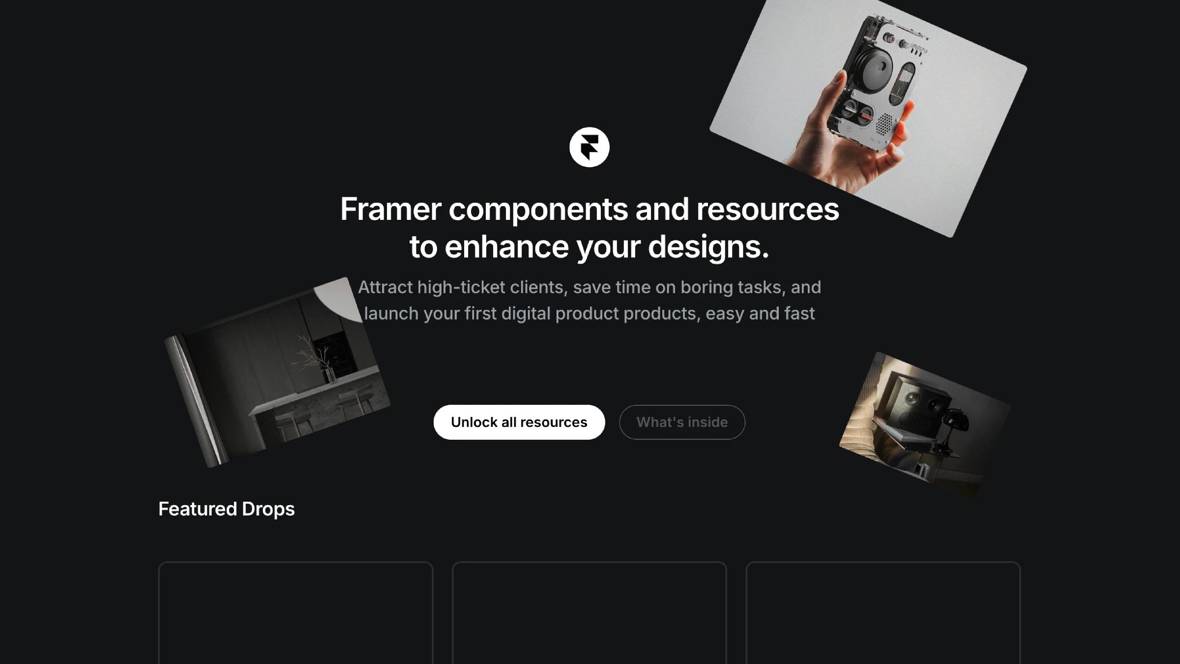 Website interface showcasing Framer components and resources, with images of a camera, a room setup, and a book, intended to enhance design projects