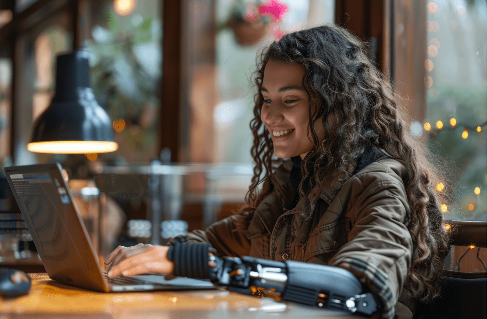 Woman with prosthetic arm typing