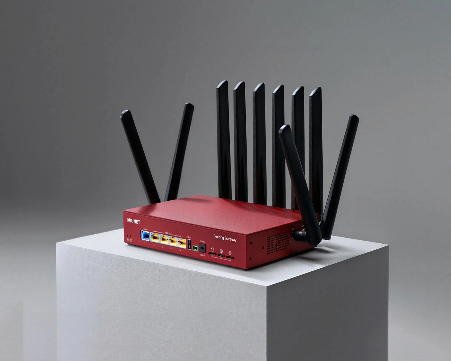 MR·NET cellular bonding gateway router with illuminated status lights on white background