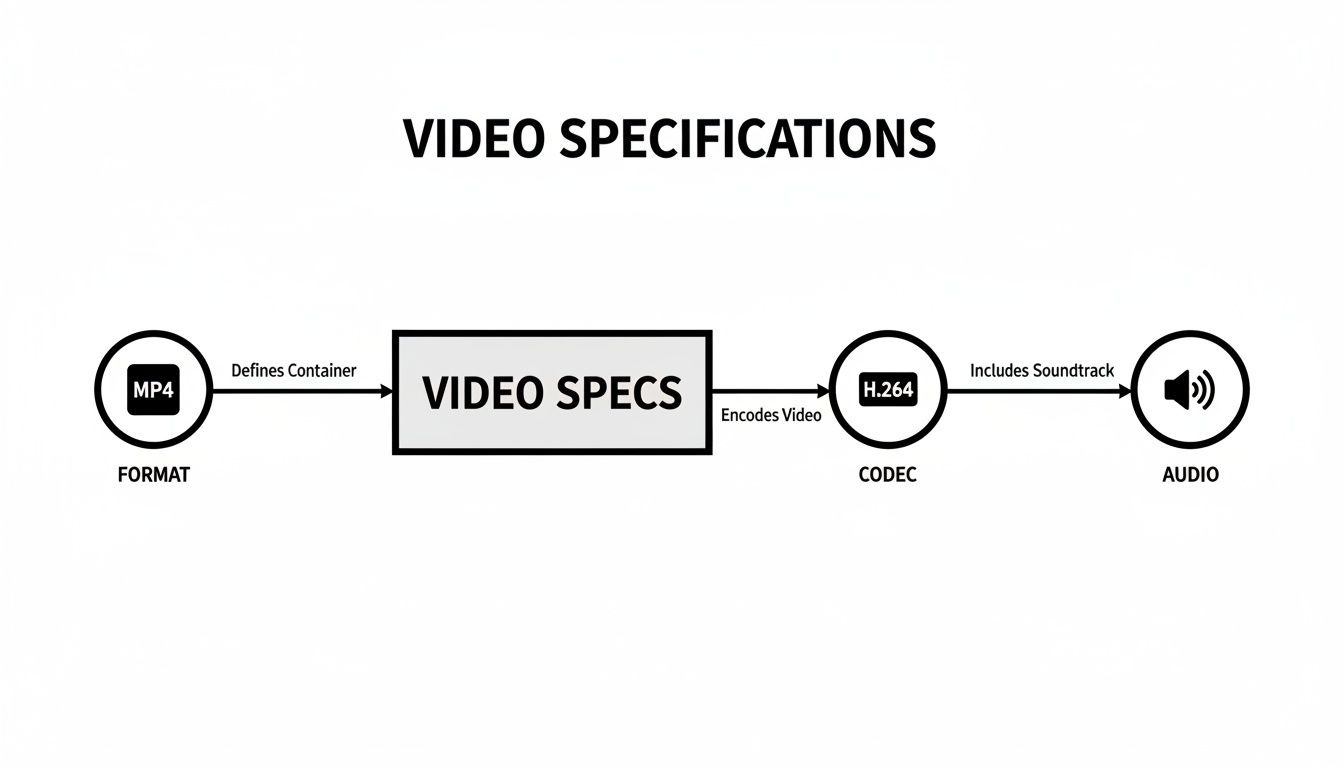 Flowchart illustrating video specifications, detailing format like MP4, codecs such as H.264, and audio components.