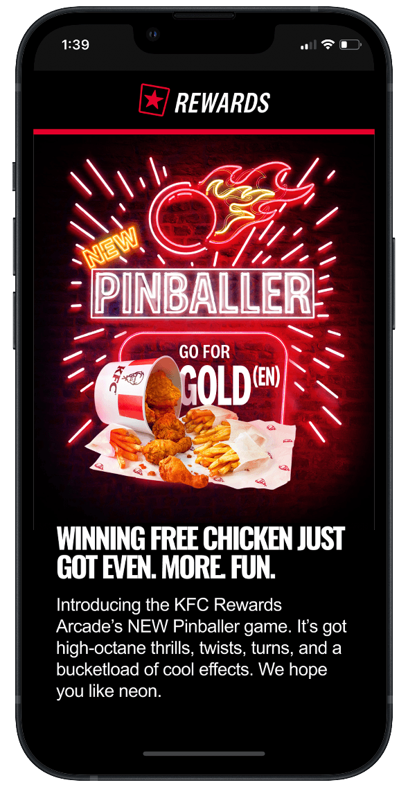 KFC Rewards app screen promoting the new Pinballer arcade game to win free chicken