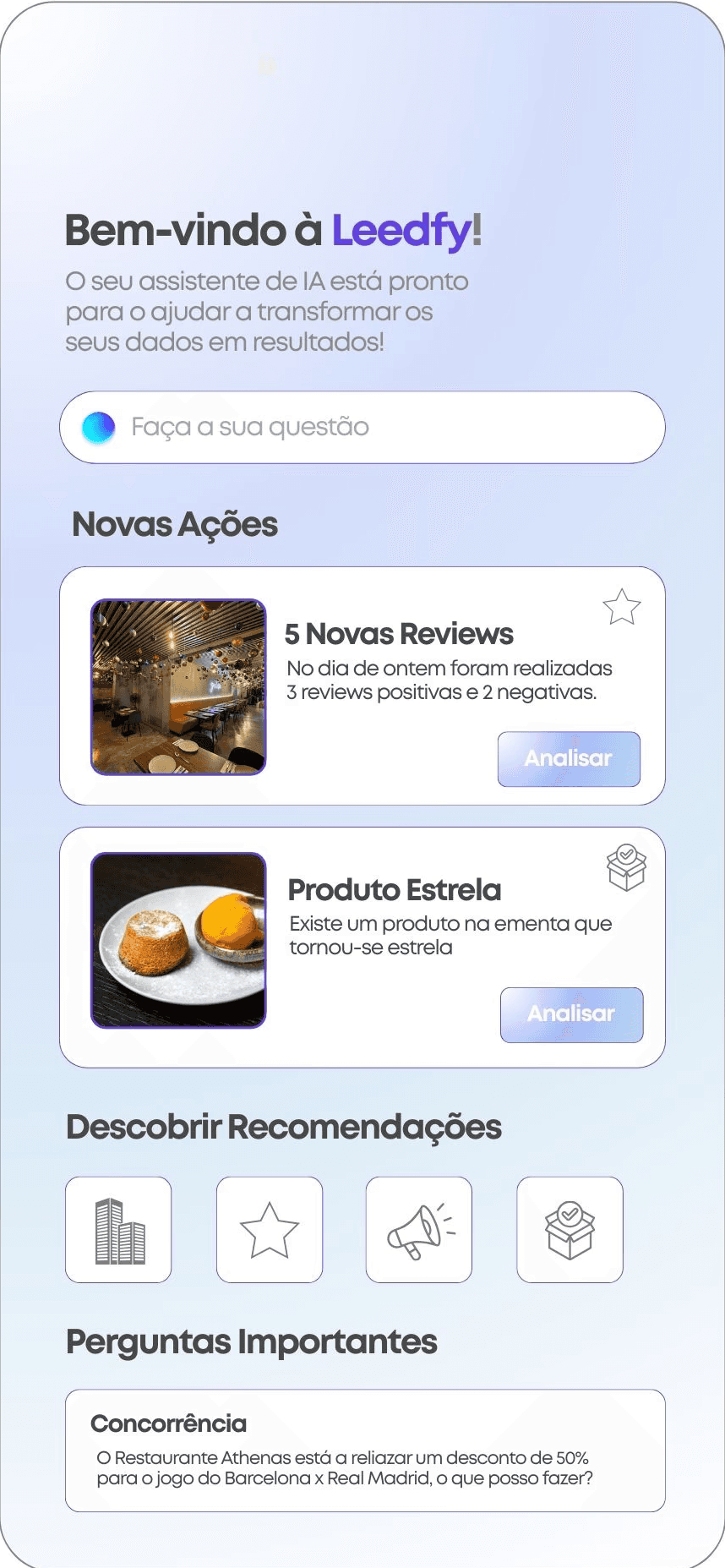 Ecrã inicial da Leedfy com ações sugeridas e assistente de AI pronto a ajudar