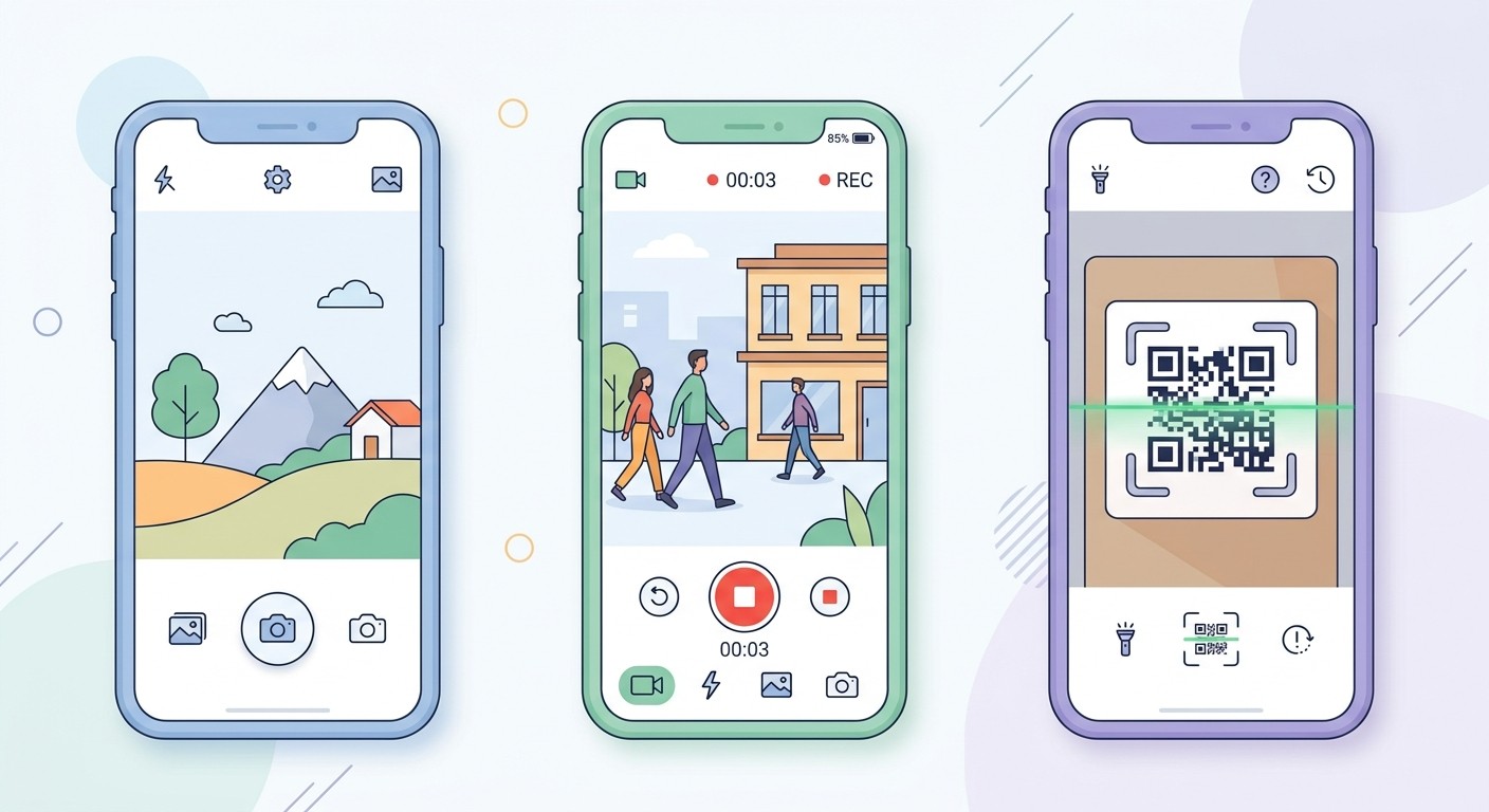 Illustration showing different camera features in a mobile app: photo, video, and QR scanning