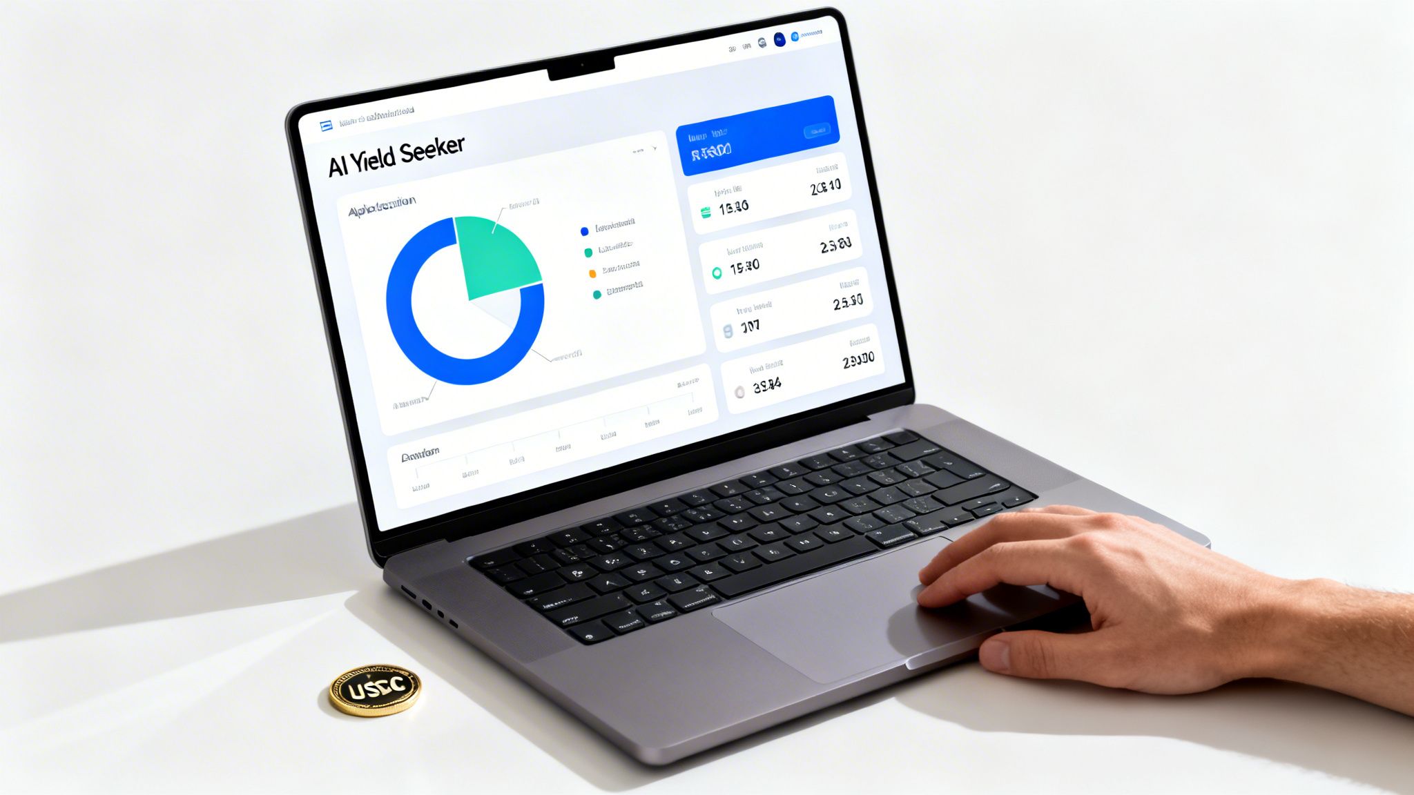 A hand interacts with a laptop displaying an 'AI Yield Seeker' financial dashboard, with a USSC crypto coin nearby.