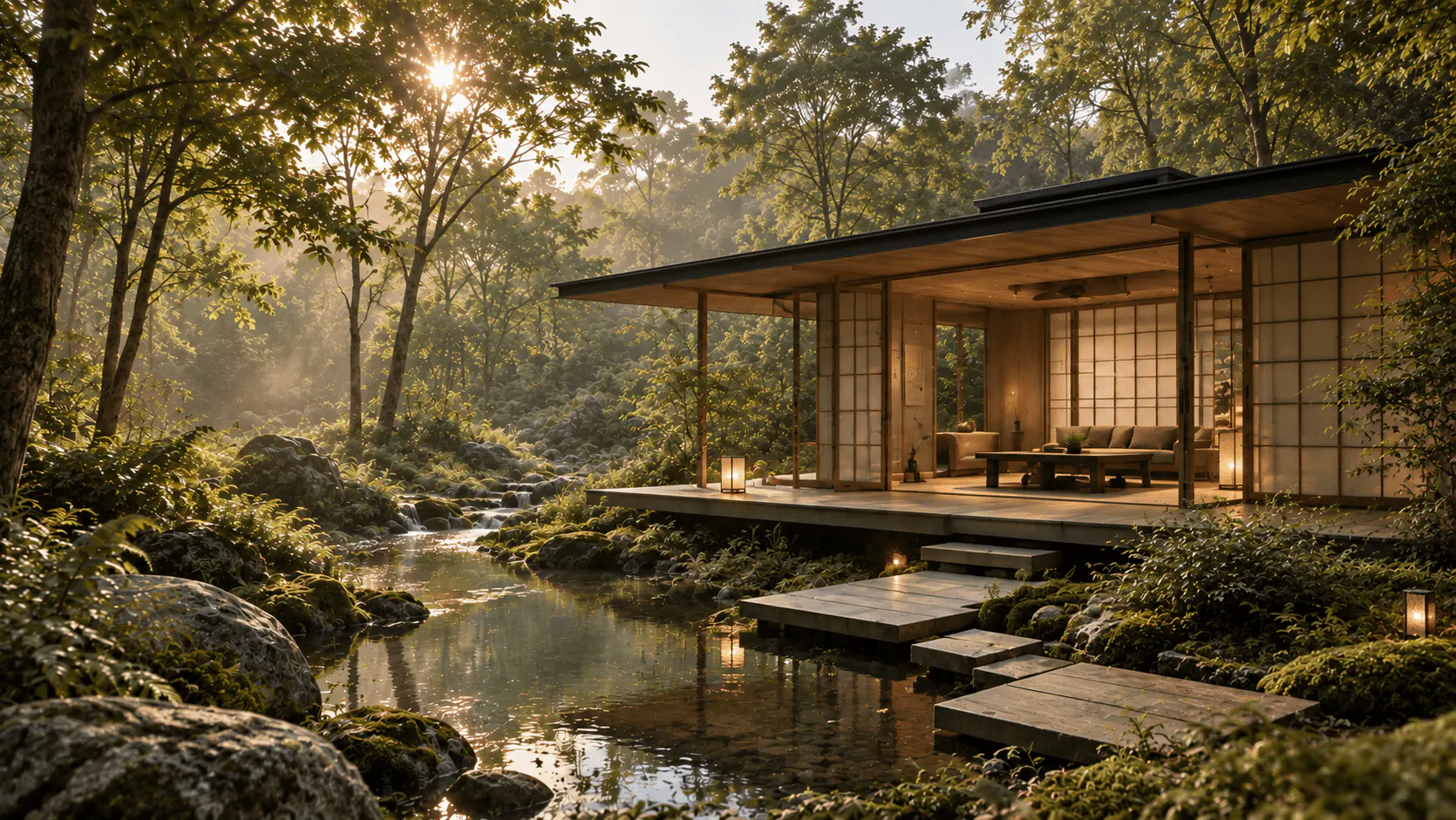 Forest Pavilion, after: a timber pavilion built over the stream