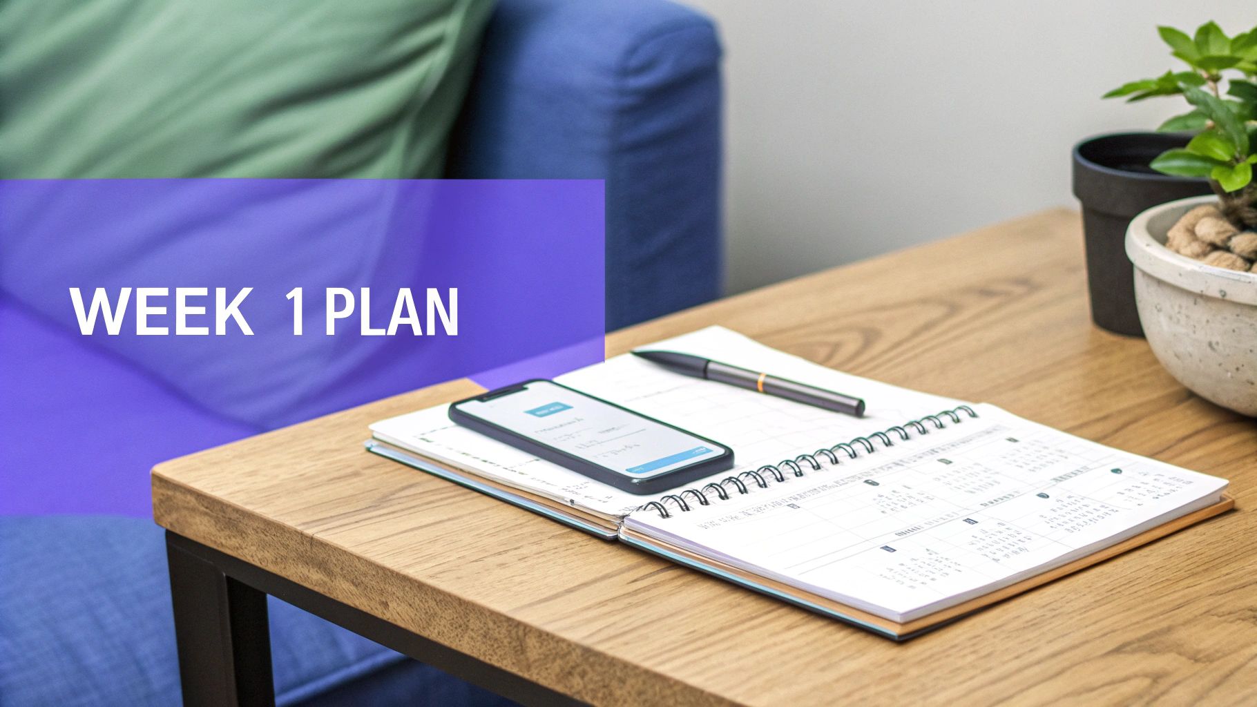 A desk with a planner, smartphone, and pen, highlighted by a 