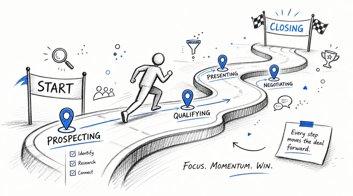 A hand-drawn illustration depicting the sales pipeline stages, from prospecting to closing, along a path with milestones.