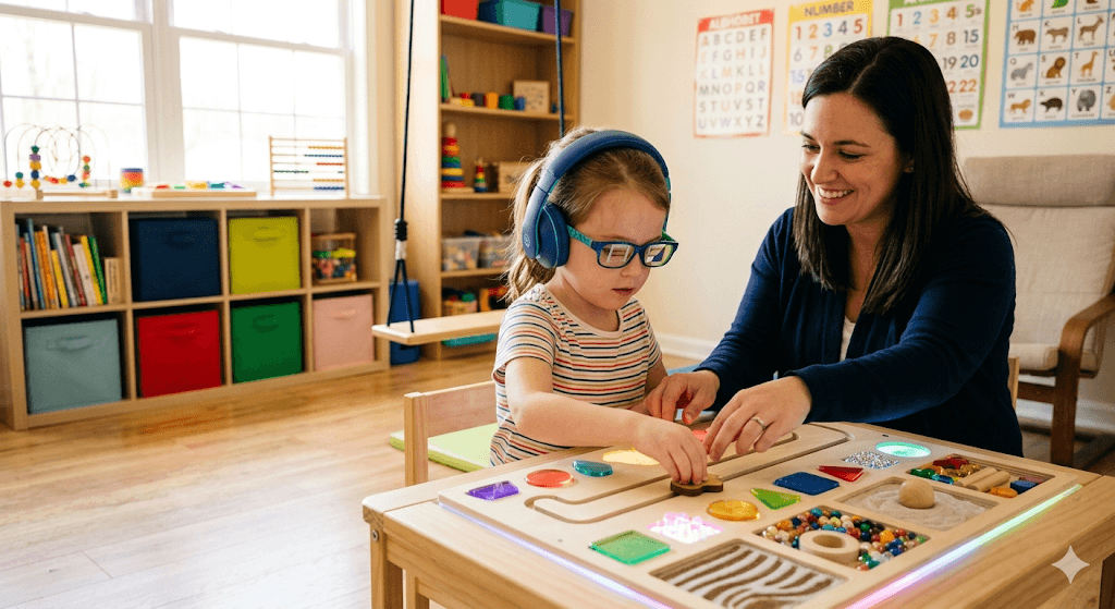 A bright, welcoming therapy room setting. A focused child is engaging in a multi-modal sensory exercise, wearing colorful specialized glasses and a pair of headphones, while a supportive therapist gently guides their hands through a coordinated movement. High-resolution, warm natural lighting.