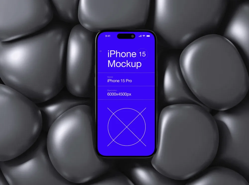 iPhone 15 Pro mockup featuring a sleek black device with a vibrant blue screen displaying text. Positioned against a background of smooth, reflective black stones for a modern, luxurious aesthetic.