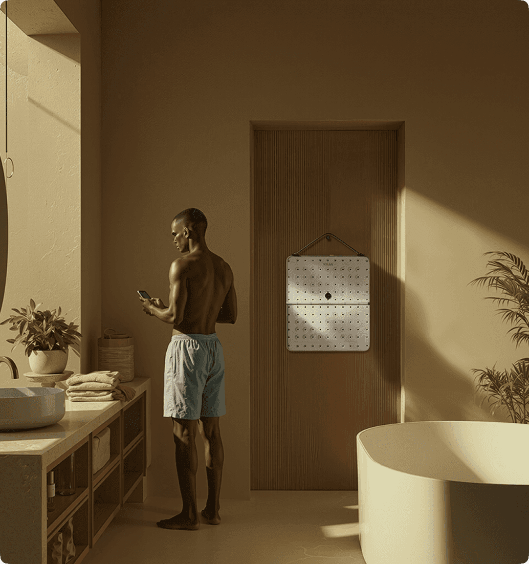 Man standing in a sunlit, minimalist bathroom, looking at his phone, with a freestanding bathtub, wooden vanity, and soft shadows on beige walls.