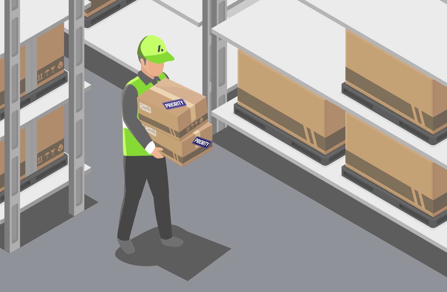 Warehouse worker picking and packing boxes from storage shelves