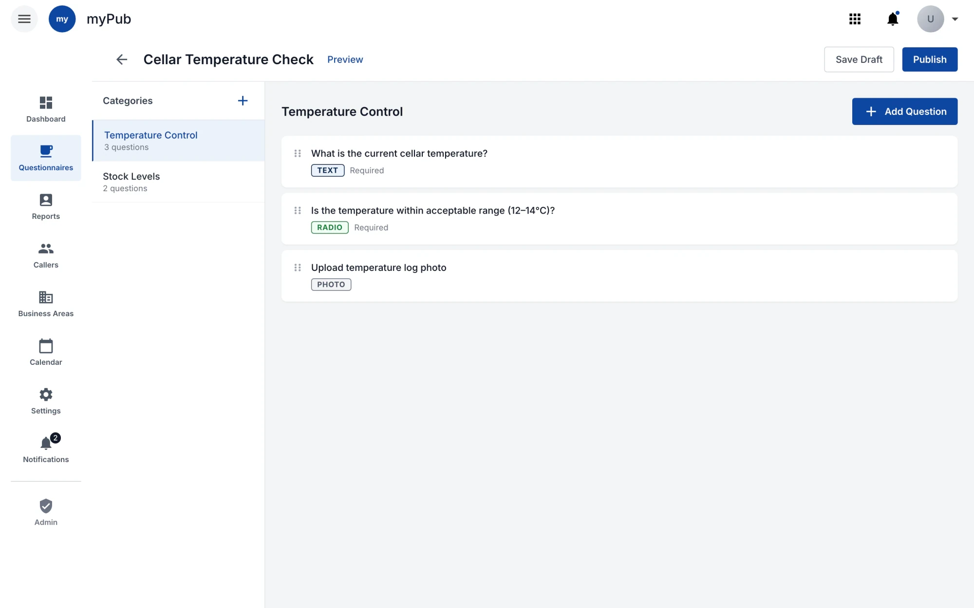 Questionnaire builder in the Claude prototype