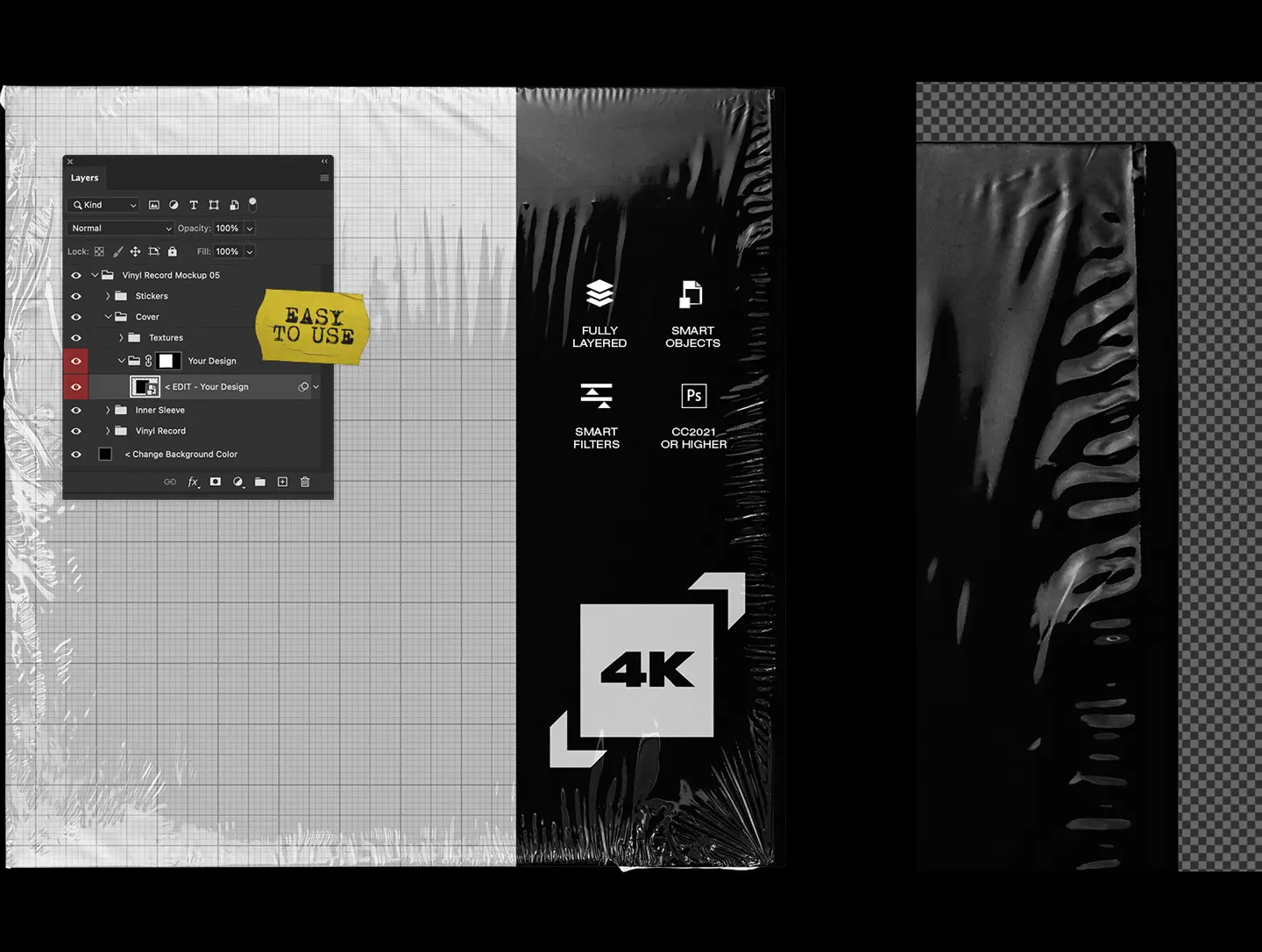 Vinyl record mockup close up showing plastic wrap album cover texture detail