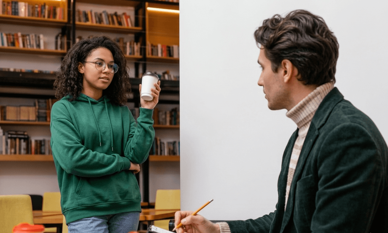 Woman speaking while man listens during an indoor conversation.