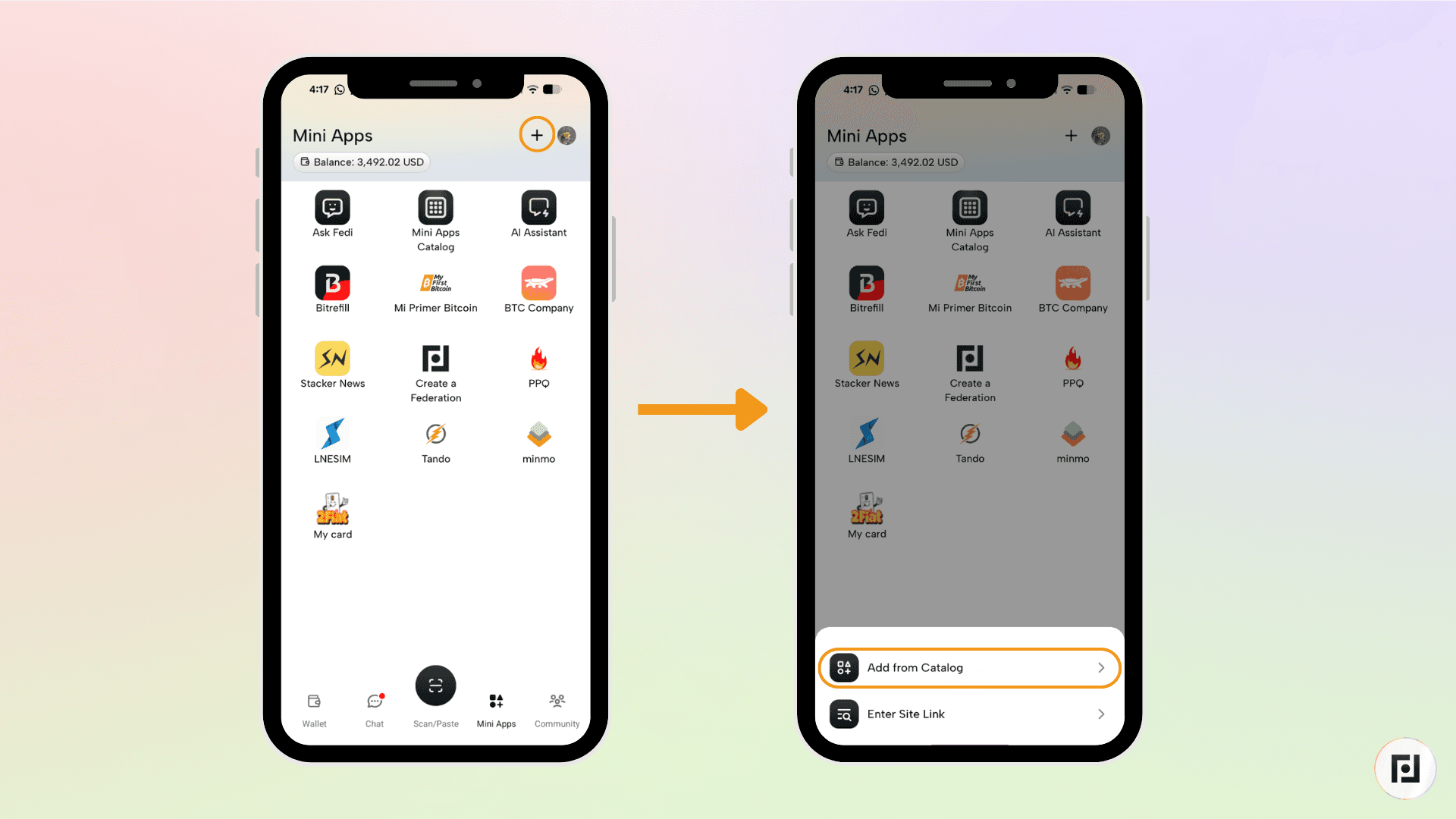 Fedi Mini Apps Catalog showing search results for "BTC Map" with an Add button highlighted