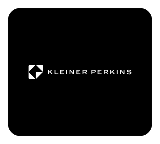 The image shows the logo of Kleiner Perkins, featuring a white geometric design alongside bold, uppercase text on a black background.