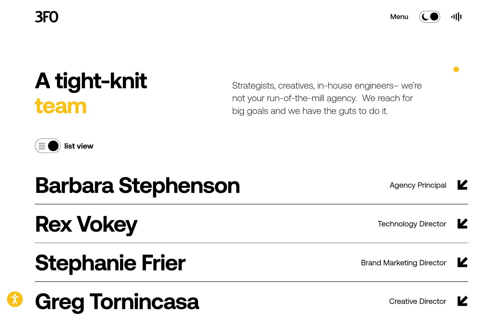 A modern website with bold text: "A tight-knit team." Lists team members: Barbara Stephenson, Rex Vokey, Stephanie Frier, Greg Tornincasa....