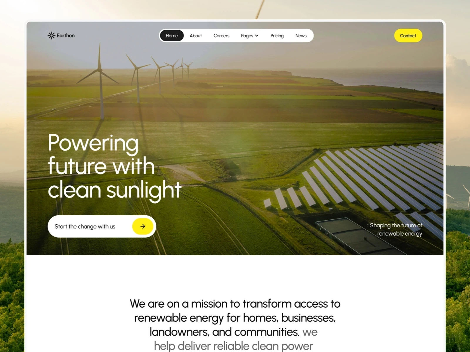 Earthon renewable energy Framer template featuring wind turbines, solar panels, clean energy services, and a modern sustainable design.