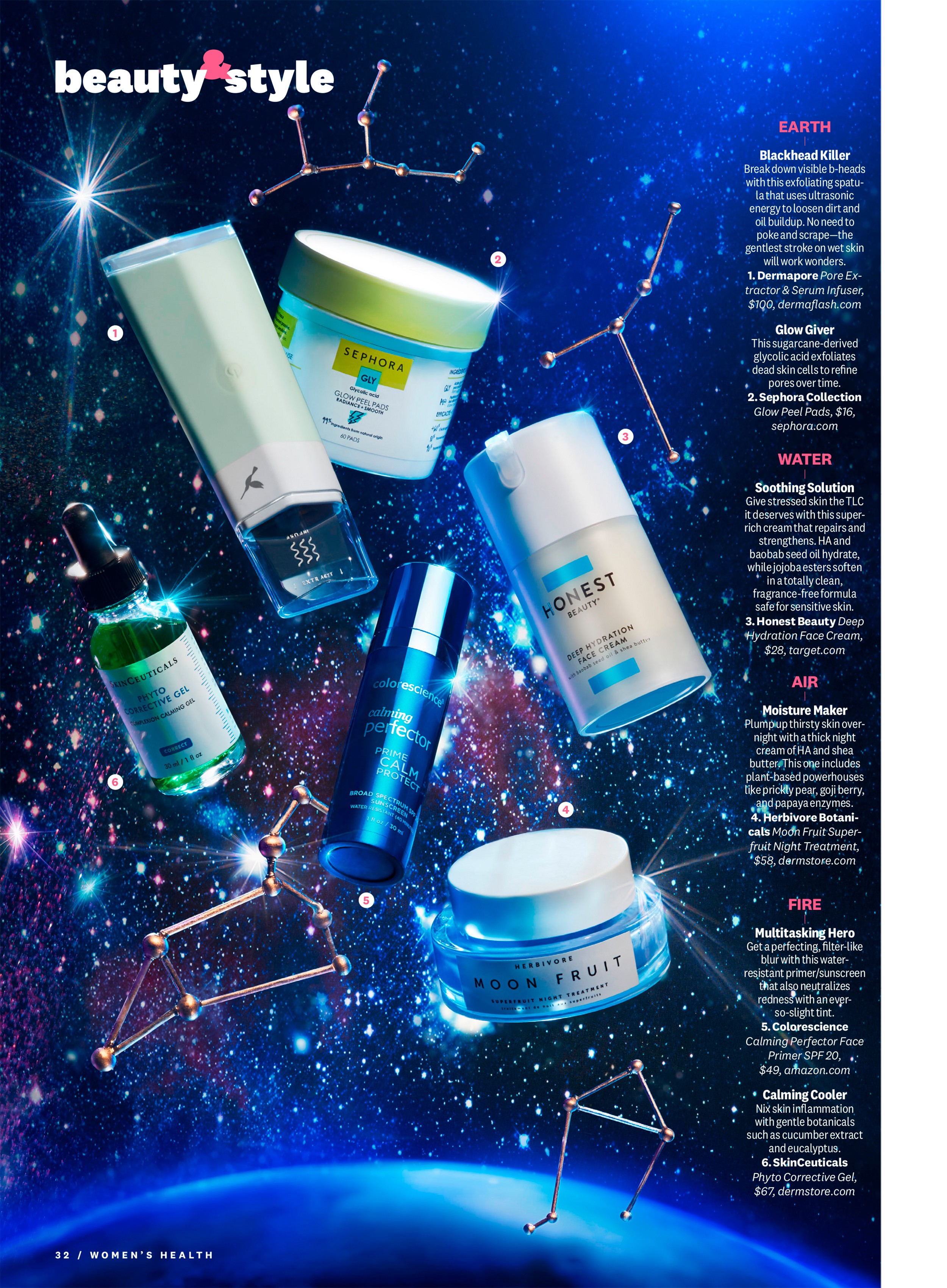 A moody shot of six different types of beauty products floating in space with different astrology signs