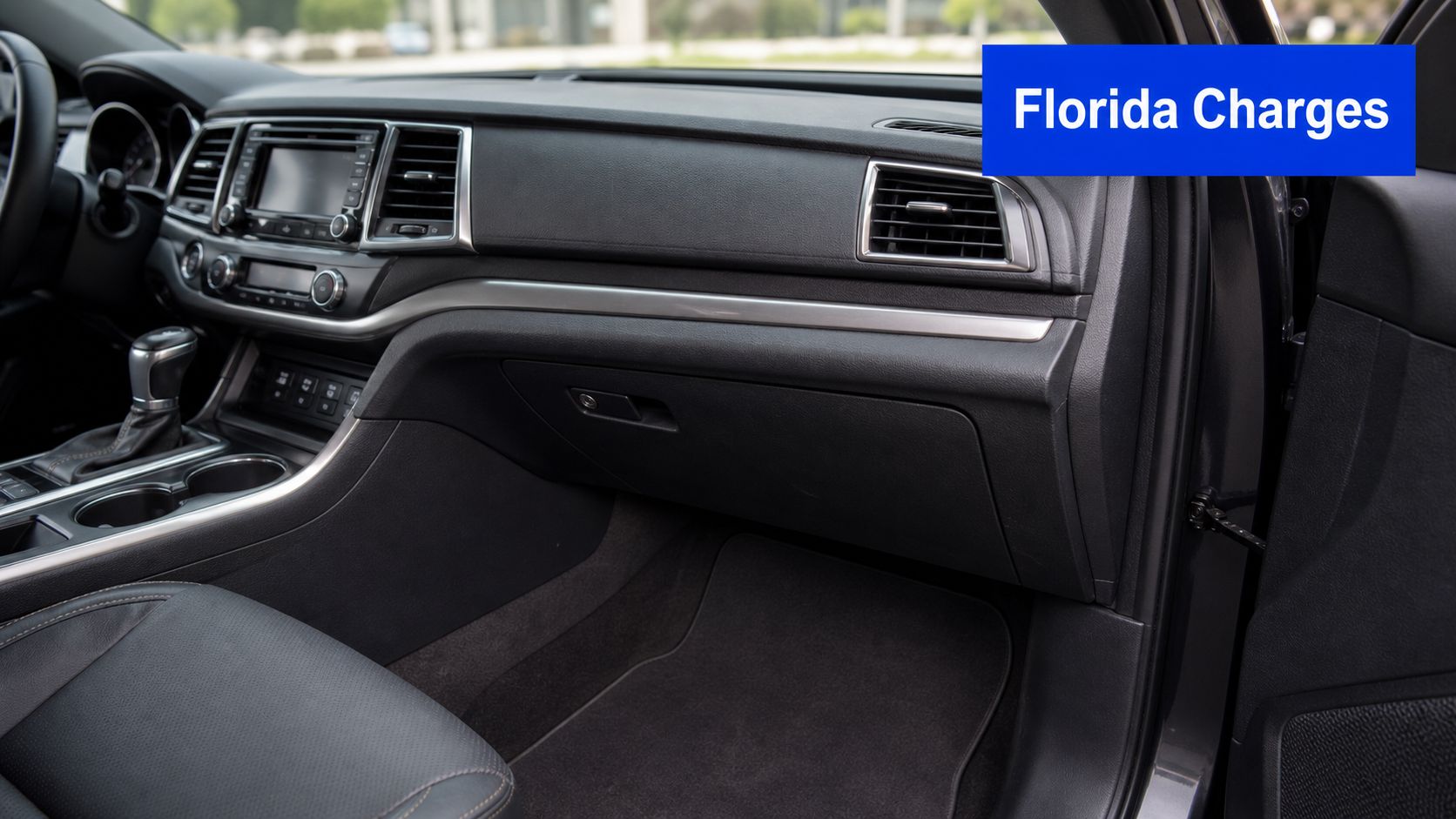 A detailed close up view of the modern interior passenger side dashboard of a black car.