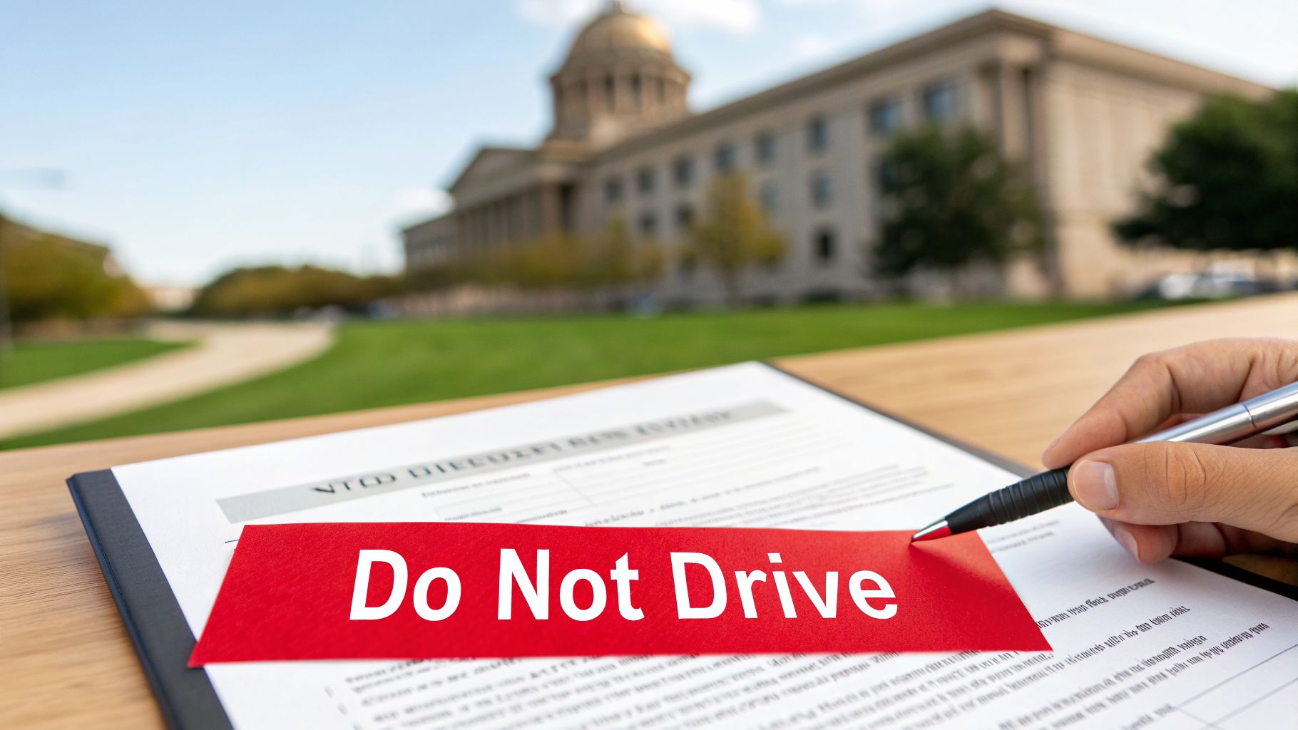 Hand signing a document with a red 'Do Not Drive' banner, a blurred capitol building in the background.