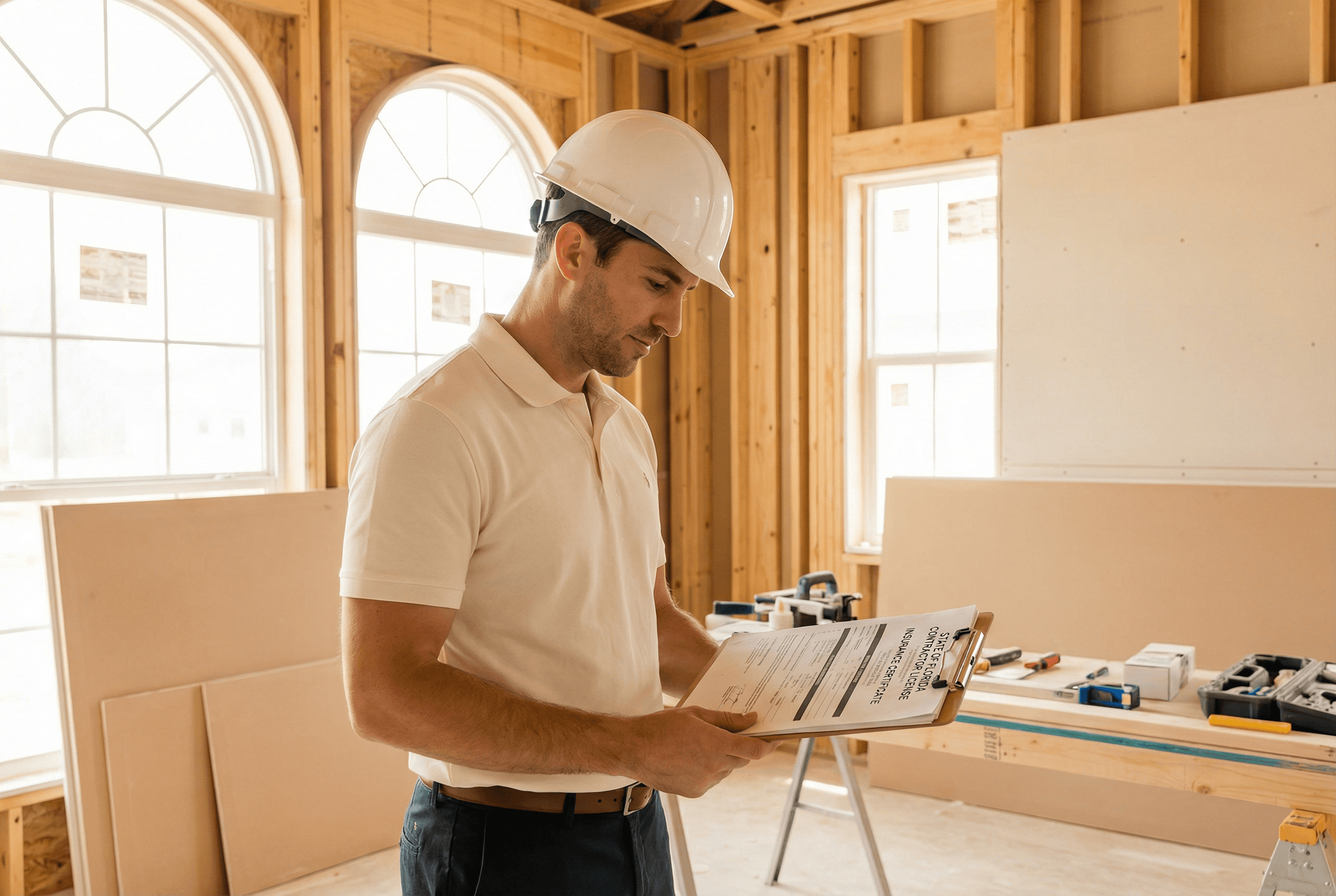 Contractor reviewing licensing and insurance documentation on a Tampa Bay construction site