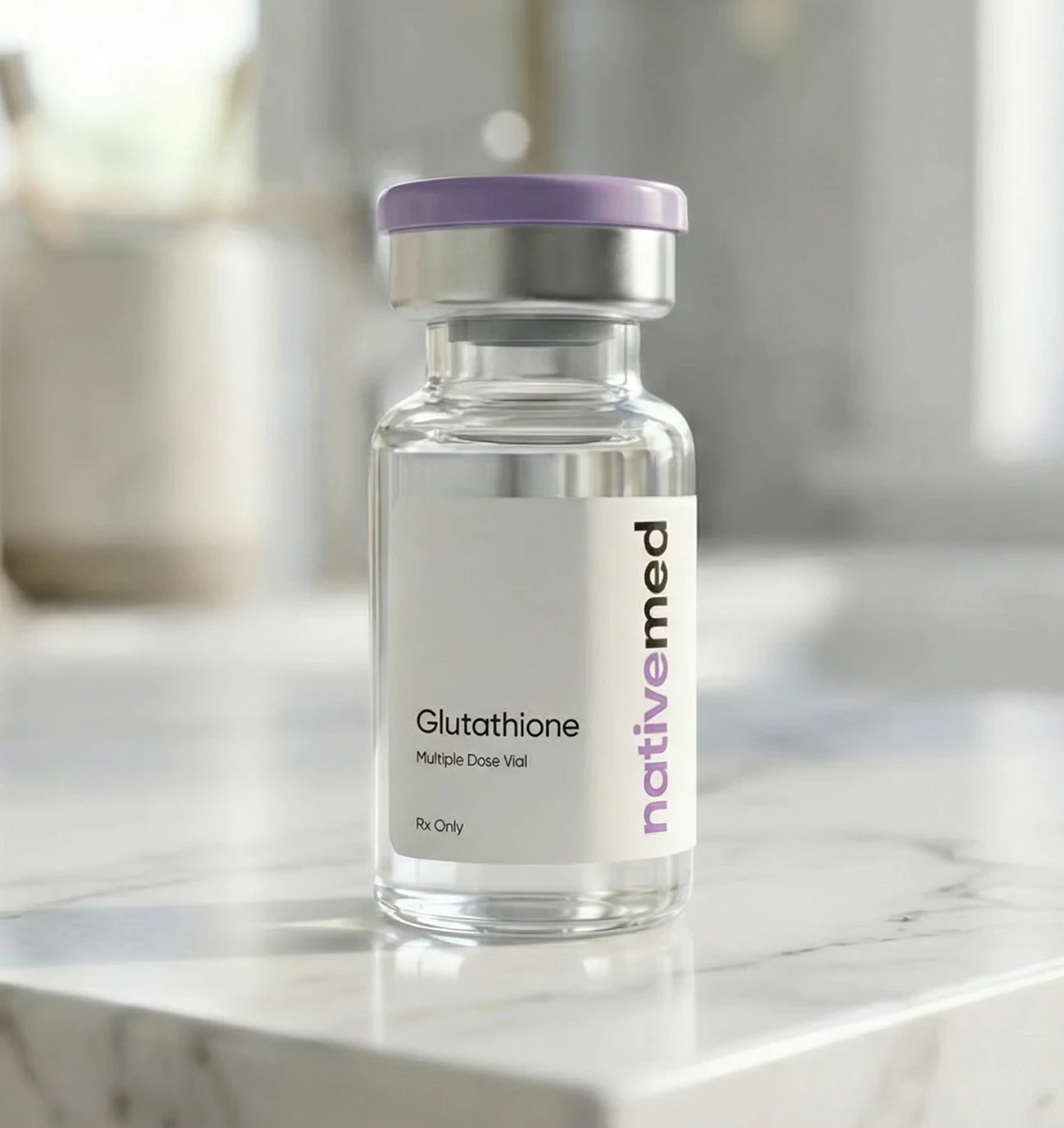 Glutathione vial standing on a kitchen counter
