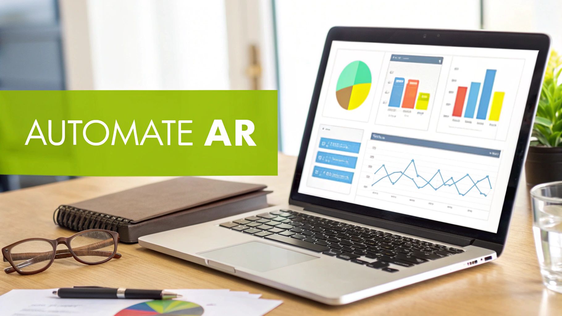 A laptop displays business analytics dashboards with charts and graphs, alongside a 'AUTOMATE AR' banner.