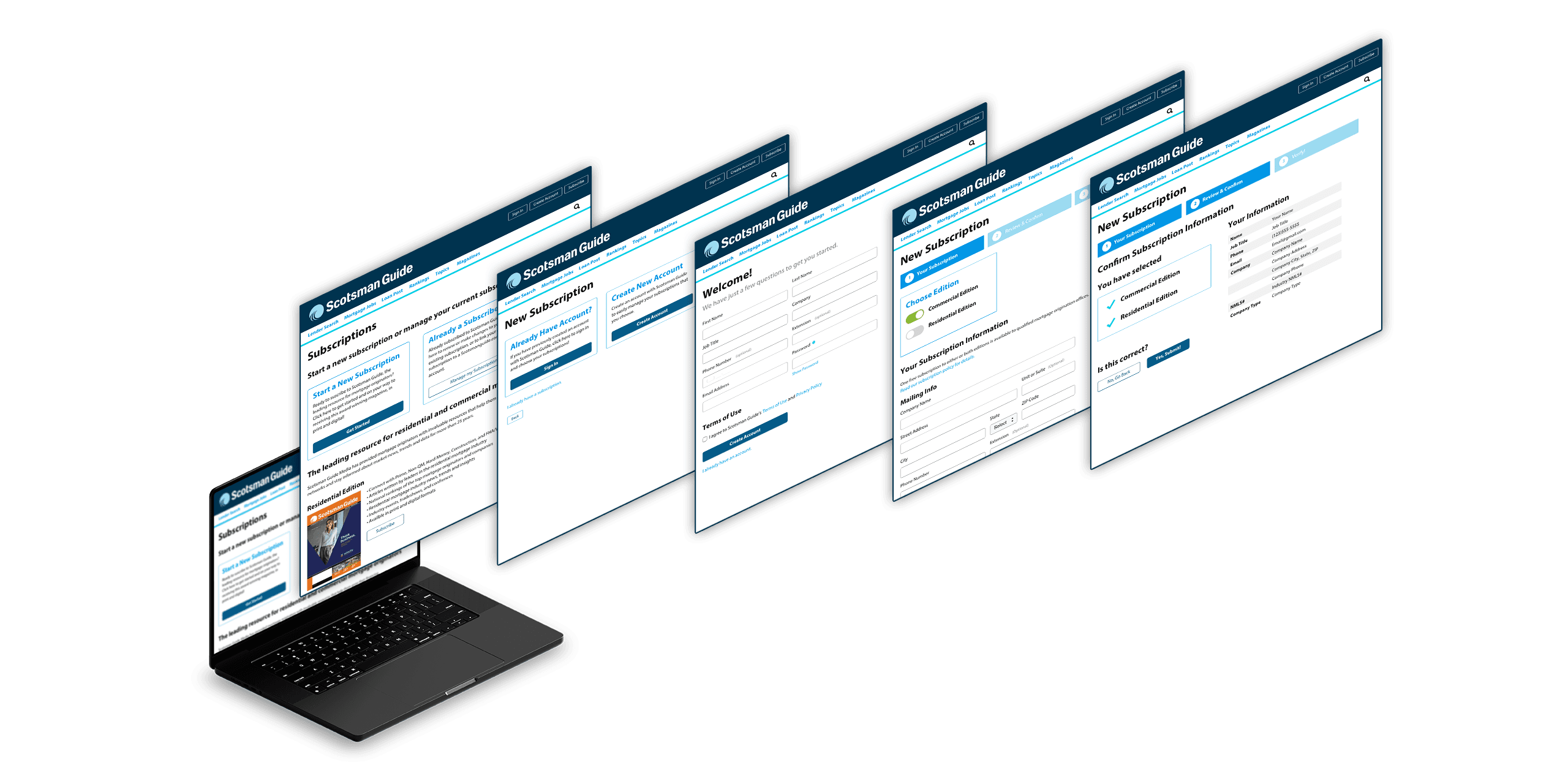 Different screens from the sign-up flow in front of a laptop mockup