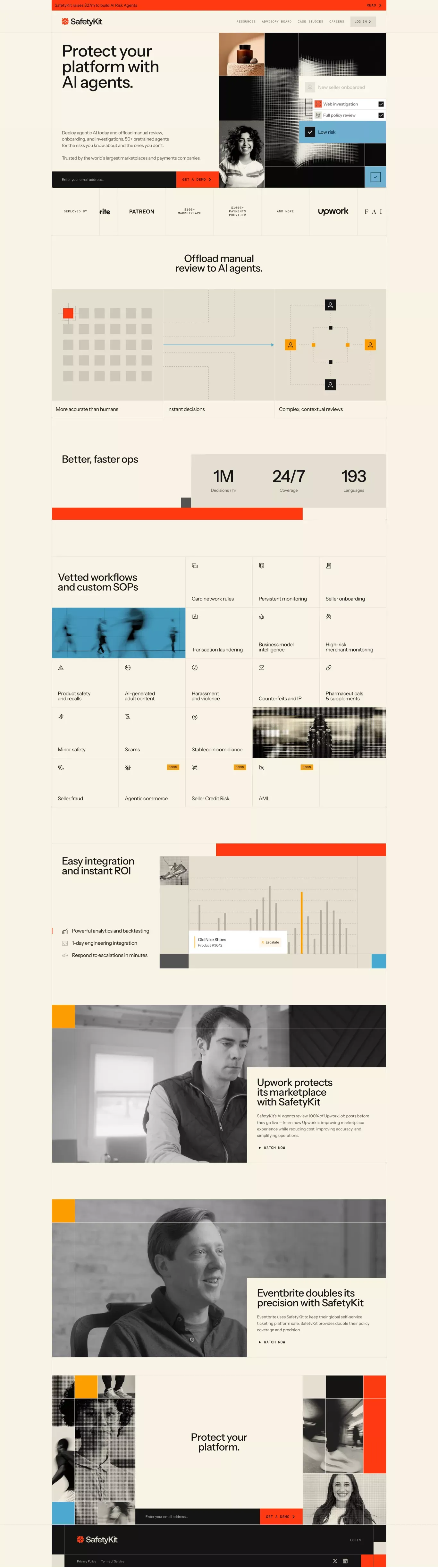 SafetyKit landing page screenshot showcasing AI and Tech design