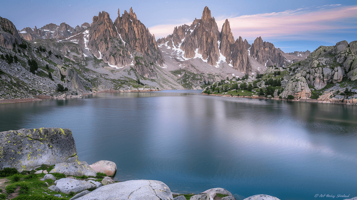 Scenic alpine lake surrounded by rugged mountains, rocky terrain, and calm water under a soft sky.
