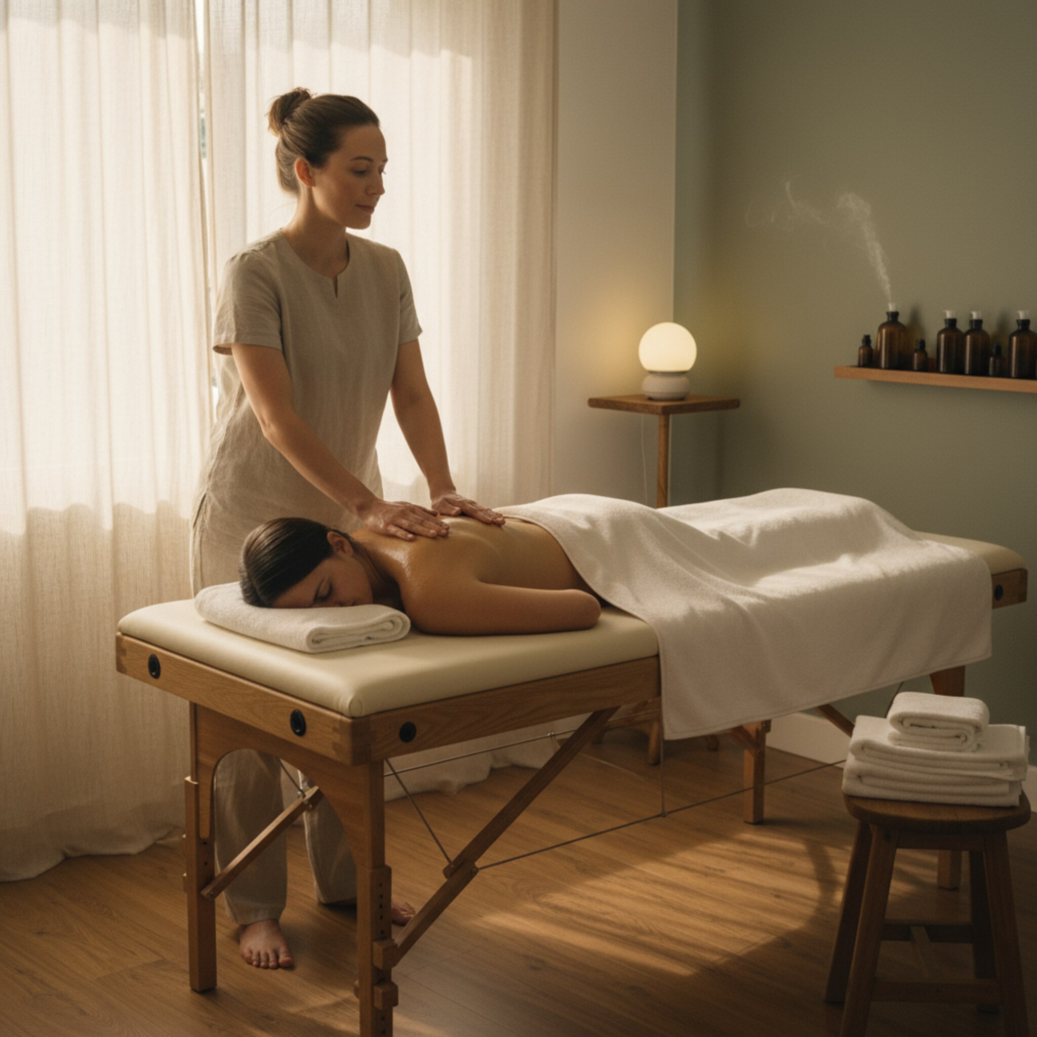 Ein ruhiger Behandlungsraum mit warmer Beleuchtung. Eine Therapeutin streicht mit geölten Händen über den Rücken eines Gastes, frische Handtücher liegen bereit. Dezente Kräuterduft steigt aus einem kleinen Diffuser. Die Szene wirkt konzentriert, wohltuend und lädt zu tiefer Entspannung ein. Ein Holzregal mit Ölen steht griffbereit.