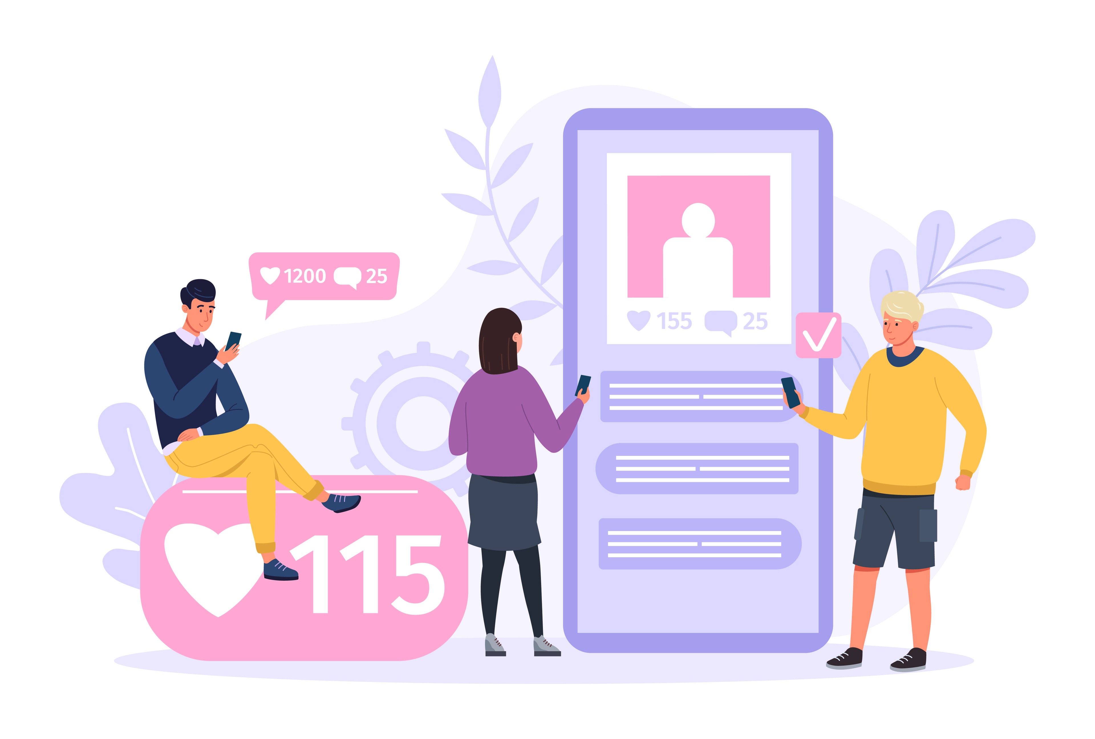 Flat illustration of people reviewing an influencer profile with likes and engagement metrics