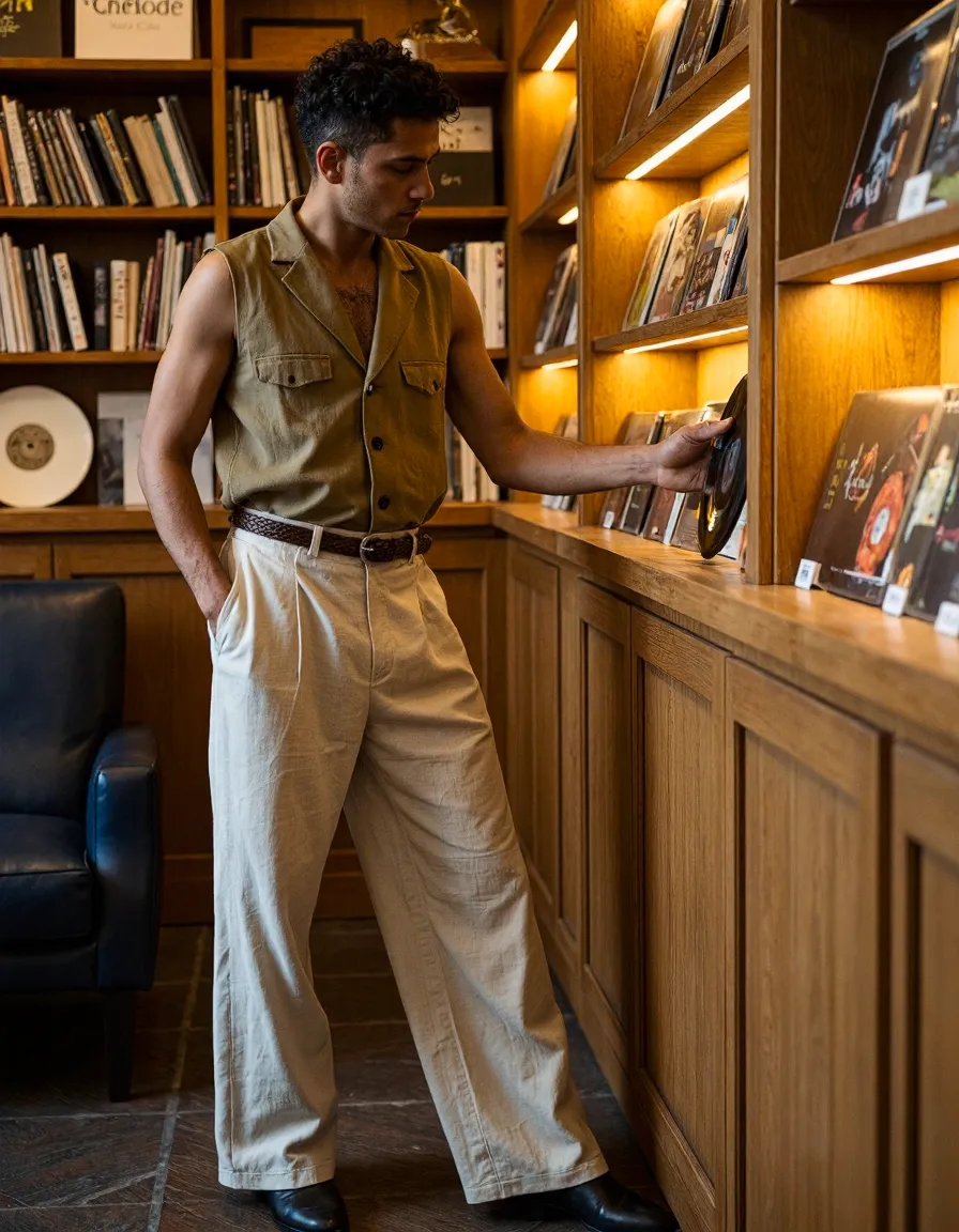 Person in tan sleeveless shirt and cream trousers browsing vinyl records in a wooden library with warm lighting and bookshelves