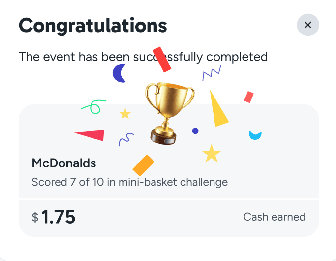 Qubi app congratulation screen with a trophy and confetti — user earns instant rewards for completing branded challenges.