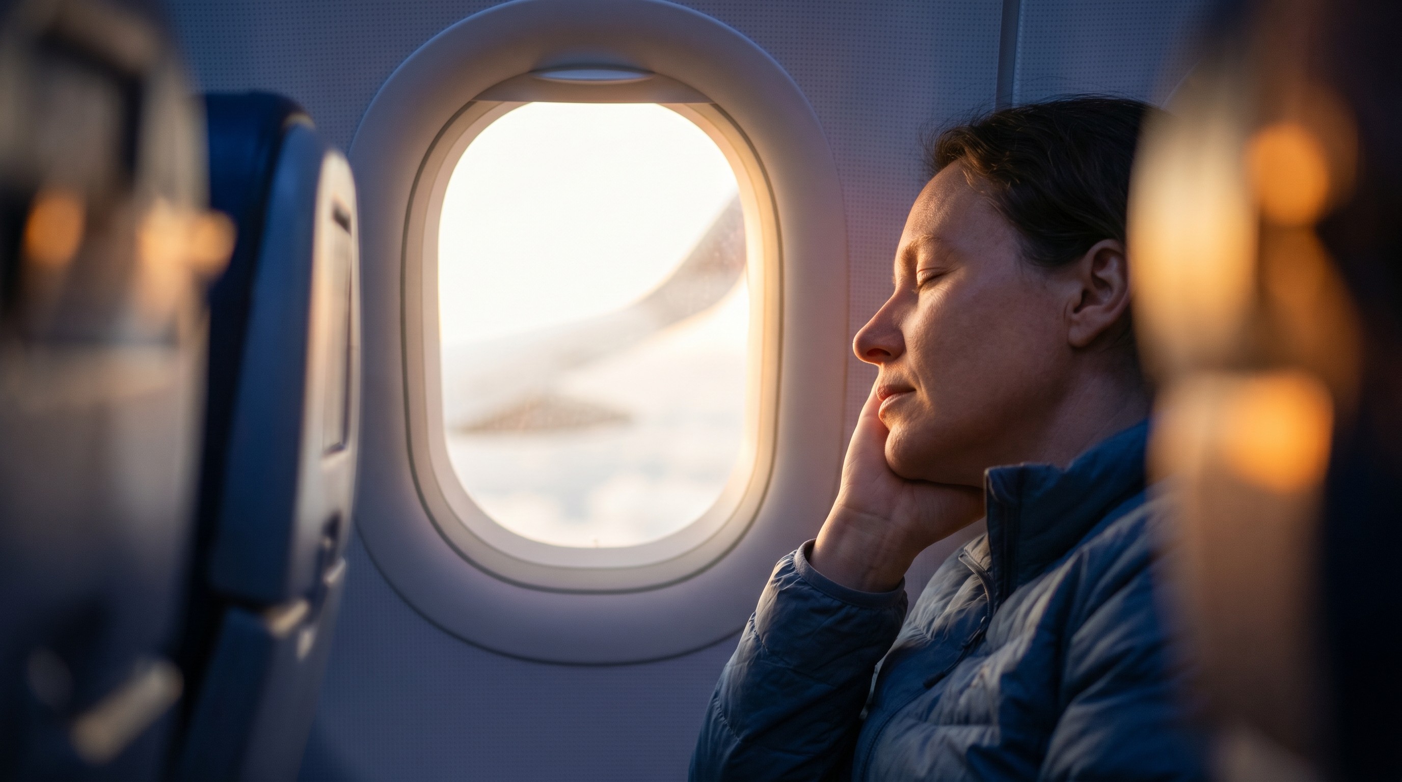 Adult passenger resting hand against cheek by airplane window during descent in warm light