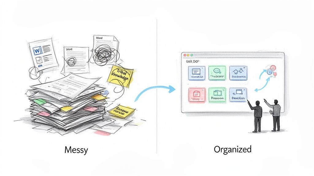 Illustration showing a transition from messy physical papers to an organized digital software interface.