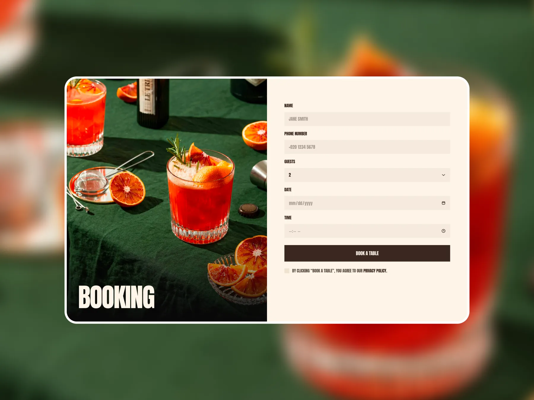 Responsive restaurant website booking section with reservation form, guest input fields, date and time selection, and prominent “Book a Table” button next to cocktail imagery, demonstrating clear layout and fast user flow.
