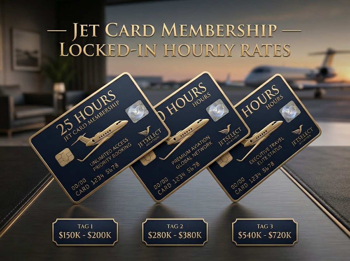 Jet card 25 50 100 hours comparison — locked hourly rate, guaranteed availability, executive travel