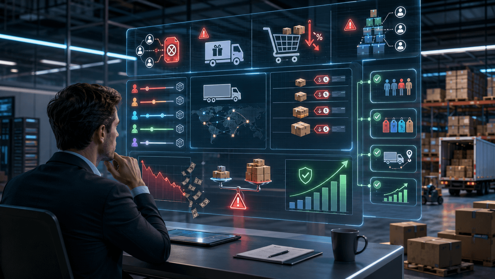 Homem em um centro de distribuição analisa painéis digitais com alertas sobre preços, frete e descontos por volume, enquanto gráficos indicam queda de margem e possíveis correções na estratégia comercial B2B.