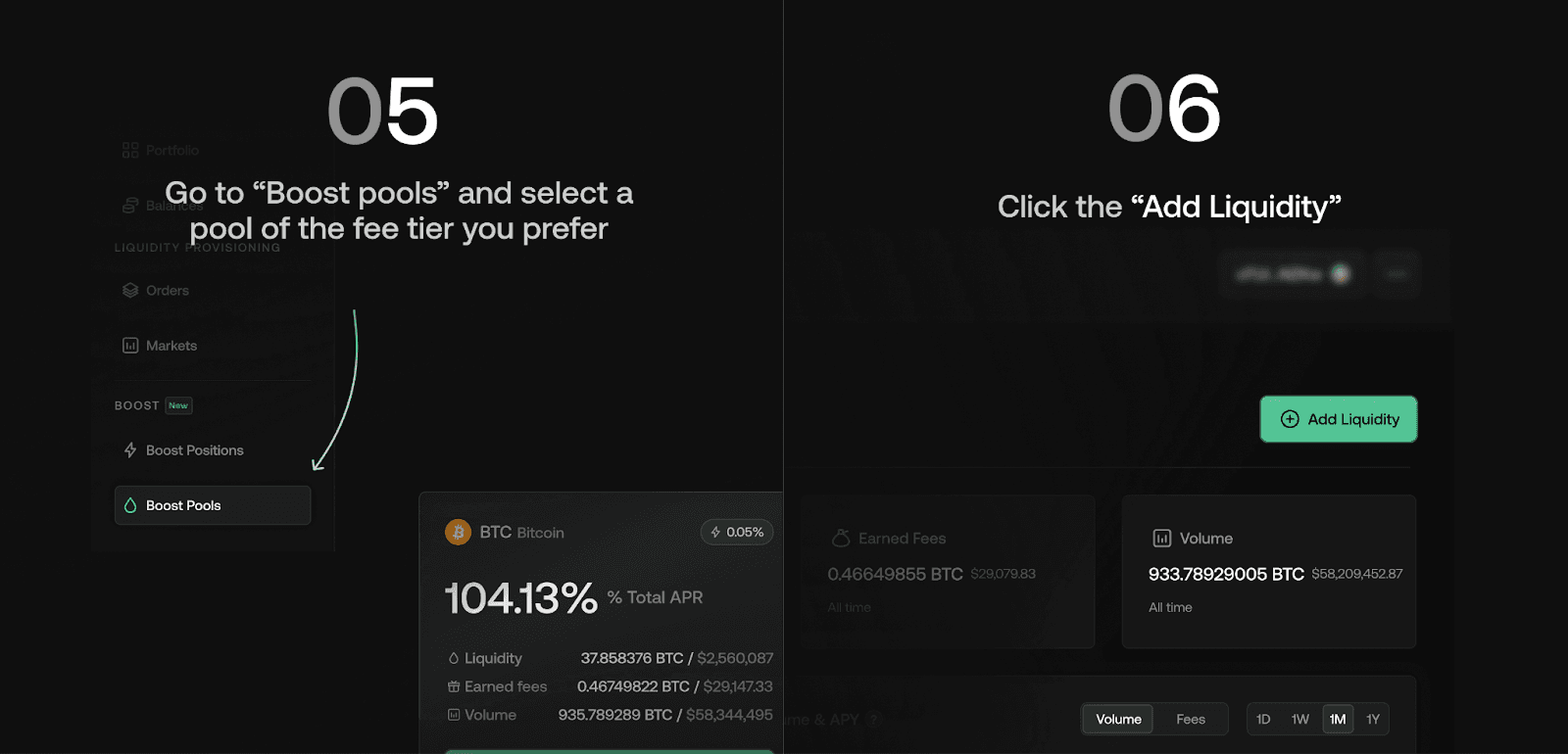 Step 5: Go to "Boost Pools" and select a pool of the fee tier you prefer. Step 6: Click on the "Add Liquidity" button