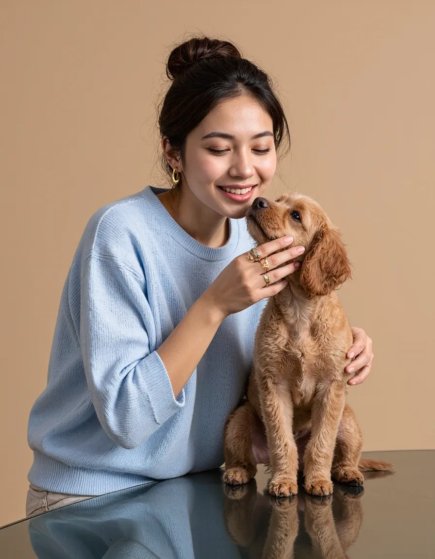 Woman in blue sweater smiling while holding brown puppy against beige studio background
