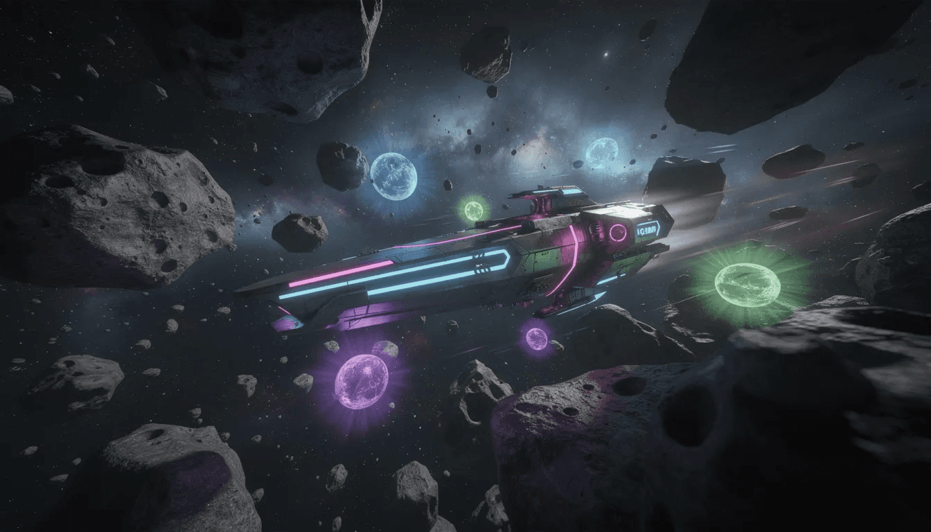 A neon-lit spaceship navigates through a dense asteroid field, with glowing energy orbs illuminating the scene. This vibrant image captures the essence of a thrilling game concept, showcasing the excitement of gameplay and the challenges players might face in a cosmic adventure.