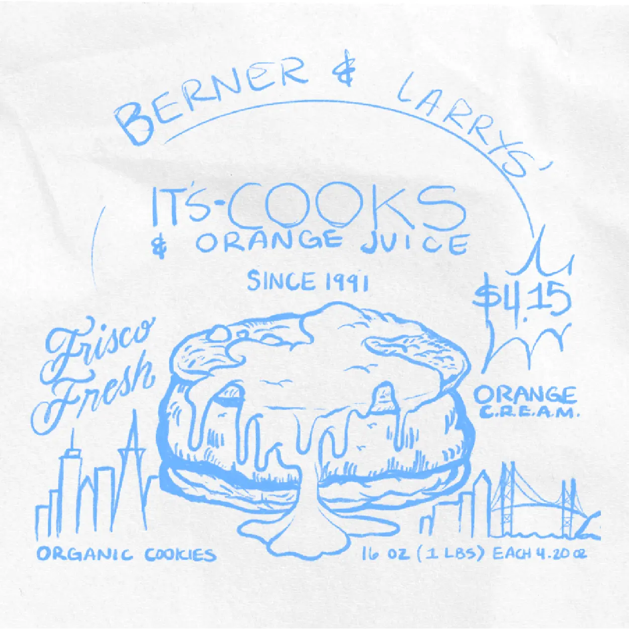 Pencil sketch of It’s-It ice cream sandwich packaging with “It’s-Cooks & Orange Juice” lettering and Berner and Larry June names arching above.