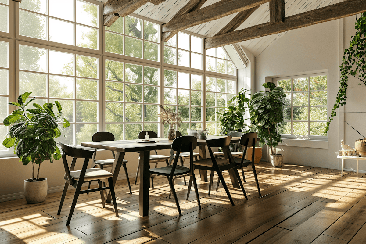 Sunlit dining area with large windows, indoor plants, and a wooden table.